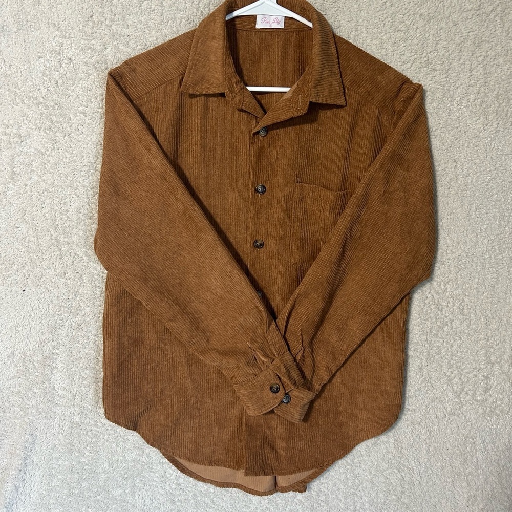 Pink Lily Women's Shacket S Brown Corduroy. Lightweight Fall Preppy Casual